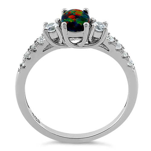 Sterling Silver Encahnted Oval Black Lab Opal CZ Ring