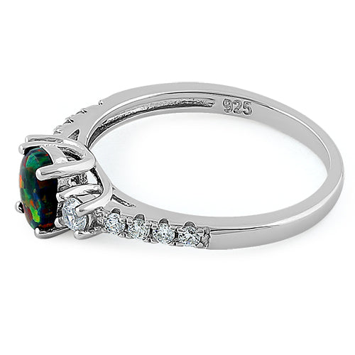 Sterling Silver Encahnted Oval Black Lab Opal CZ Ring