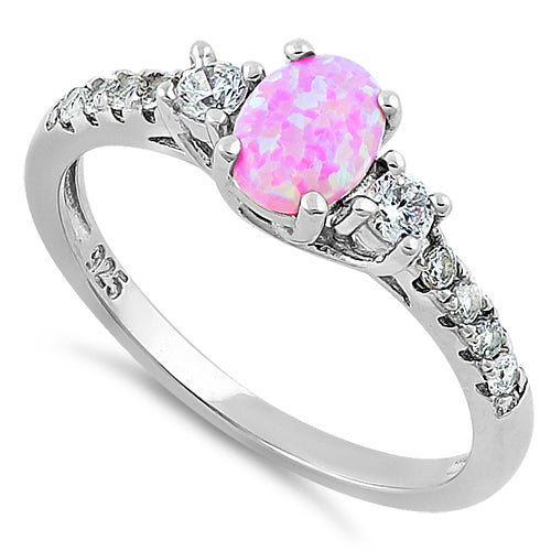 Sterling Silver Encahnted Oval Pink Lab Opal CZ Ring