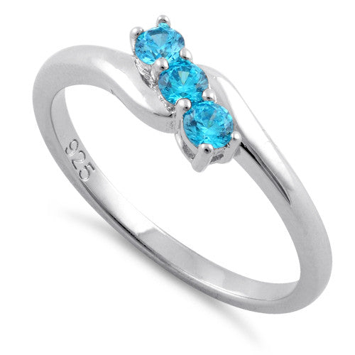 Sterling Silver 3 Aqua Stones CZ Ring