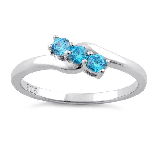 Sterling Silver 3 Aqua Stones CZ Ring