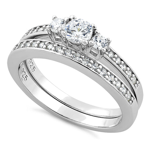 Sterling Silver 3 Stones Engagement Set Ring