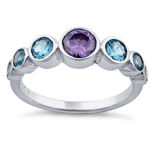 Sterling Silver Amethyst & Blue Topaz Seven Stone Round CZ Ring