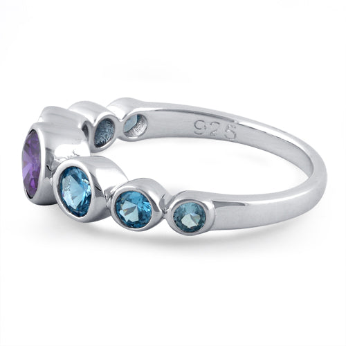 Sterling Silver Amethyst & Blue Topaz Seven Stone Round CZ Ring