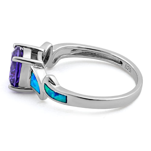 Sterling Silver Amethyst Center Round Stone Blue Lab Opal Ring