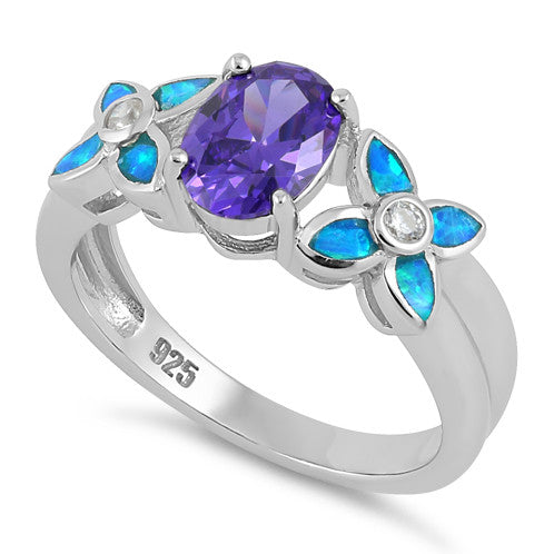 Sterling Silver Amethyst Center Stone Flower Blue Lab Opal Ring