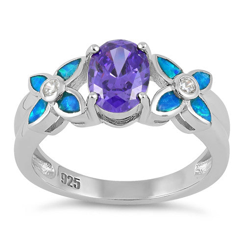 Sterling Silver Amethyst Center Stone Flower Blue Lab Opal Ring