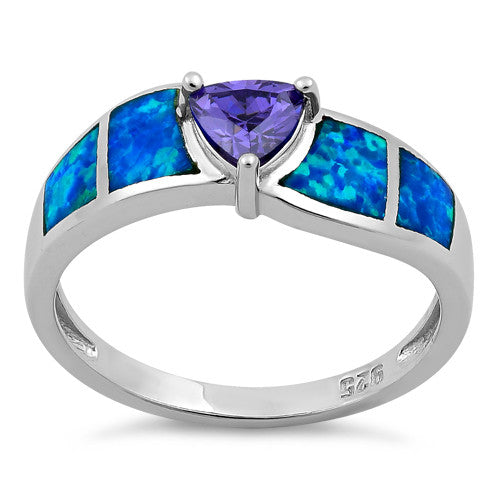 Sterling Silver Amethyst Center Trillion Cut Stone Blue Lab Opal Ring