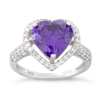 Sterling Silver Amethyst Heart Halo CZ Ring