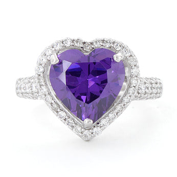 Sterling Silver Amethyst Heart Halo CZ Ring