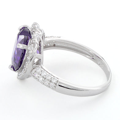 Sterling Silver Amethyst Heart Halo CZ Ring