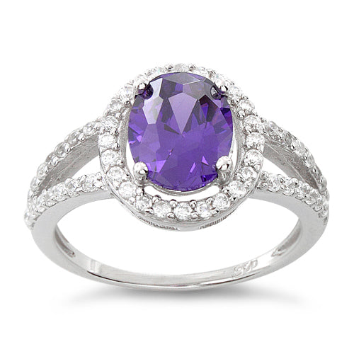 Sterling Silver Amethyst Oval Halo CZ Ring