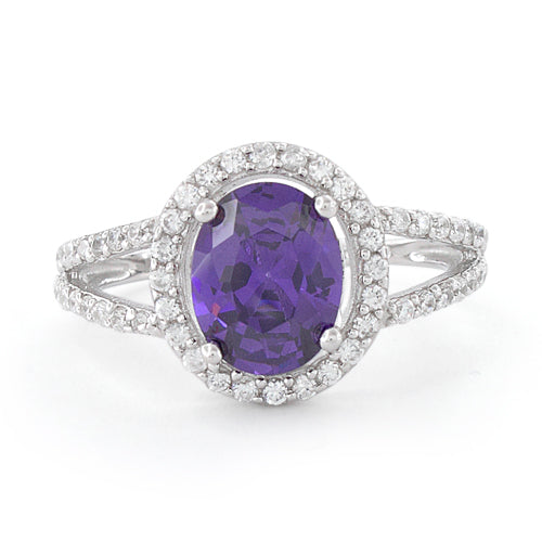Sterling Silver Amethyst Oval Halo CZ Ring