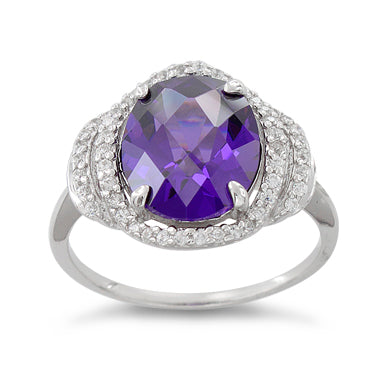 Sterling Silver Amethyst Oval Halo CZ Ring