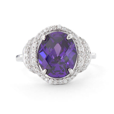 Sterling Silver Amethyst Oval Halo CZ Ring