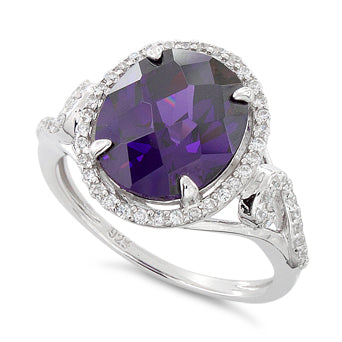 Sterling Silver Amethyst Oval Halo Swirl CZ Ring