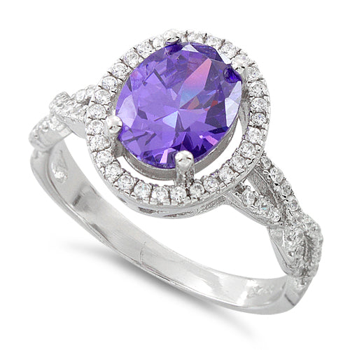 Sterling Silver Amethyst Oval Wave CZ Ring
