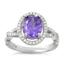 Sterling Silver Amethyst Oval Wave CZ Ring