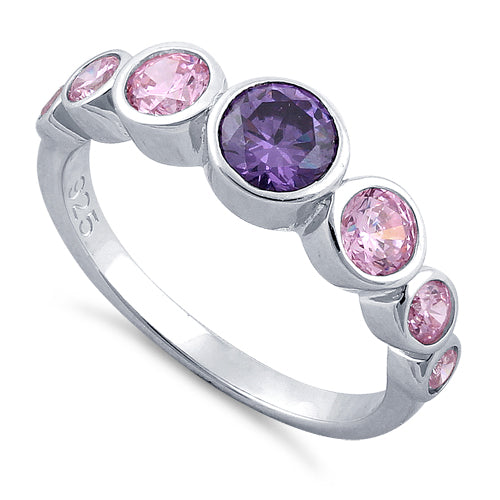 Sterling Silver Amethyst & Pink Seven Stone Round CZ Ring