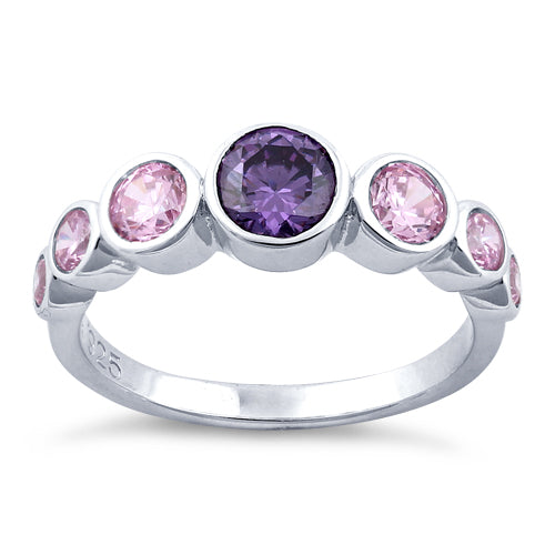 Sterling Silver Amethyst & Pink Seven Stone Round CZ Ring