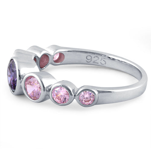 Sterling Silver Amethyst & Pink Seven Stone Round CZ Ring