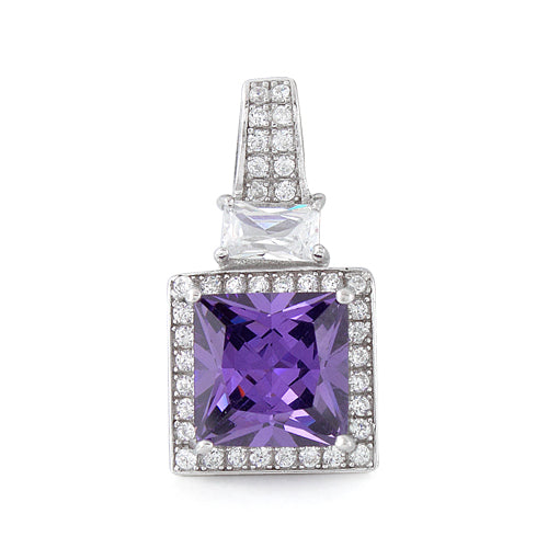 Sterling Silver Amethyst Princess Cut CZ Pendant