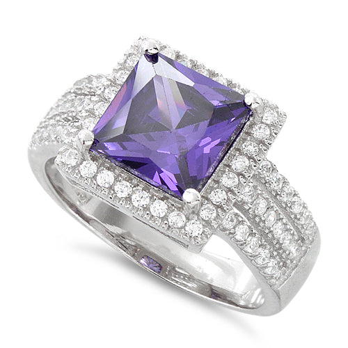 Sterling Silver Amethyst Princess Cut CZ Ring