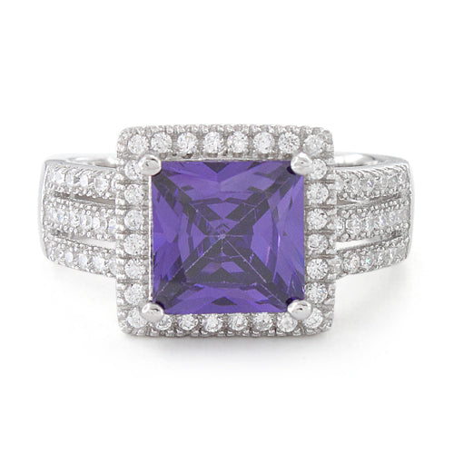 Sterling Silver Amethyst Princess Cut CZ Ring