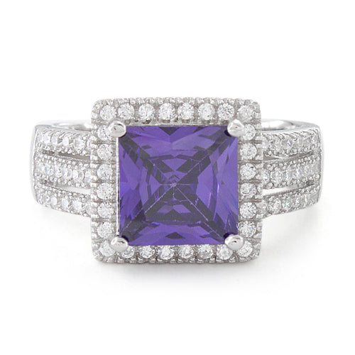 Sterling Silver Amethyst Princess Cut CZ Ring