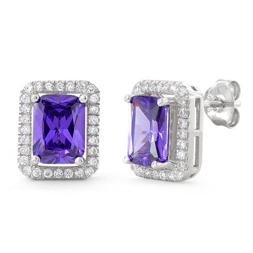 Sterling Silver Amethyst Rectangular CZ Earrings