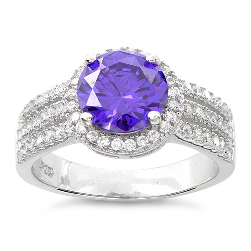 Sterling Silver Amethyst Round CZ Ring