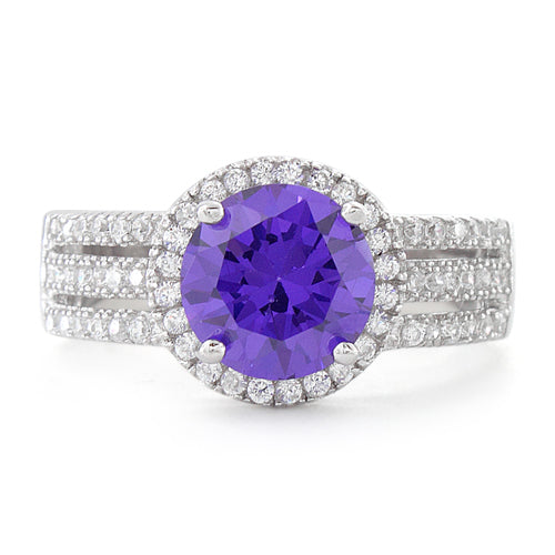 Sterling Silver Amethyst Round CZ Ring