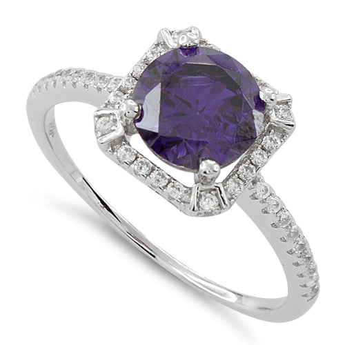 Sterling Silver Amethyst Round Halo Pave CZ Ring