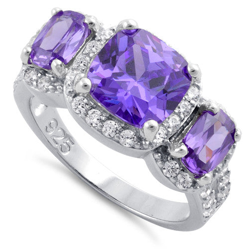 Sterling Silver Amethyst Three Stone Halo CZ Ring