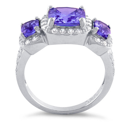 Sterling Silver Amethyst Three Stone Halo CZ Ring