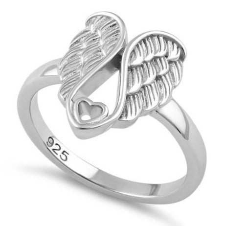 Sterling Silver Angel Wings with Heart Ring