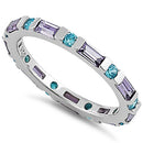 Sterling Silver Aqua Blue & Amethyst Eternity CZ Ring
