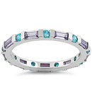 Sterling Silver Aqua Blue & Amethyst Eternity CZ Ring