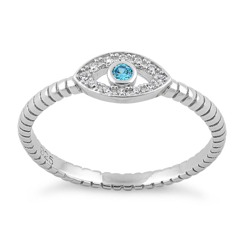 Sterling Silver Aqua Blue Stone Evil Eye CZ Ring