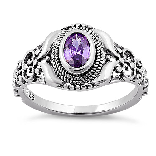 Sterling Silver Austere Oval Cut Amethyst CZ Ring