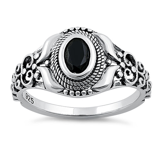 Sterling Silver Austere Oval Cut Black CZ Ring