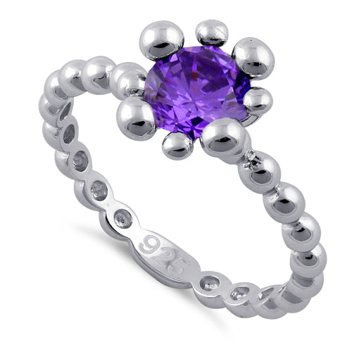 Sterling Silver Beaded Amethyst Round CZ Ring
