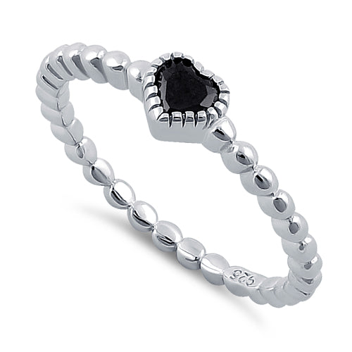 Sterling Silver Beaded Black Heart CZ Ring