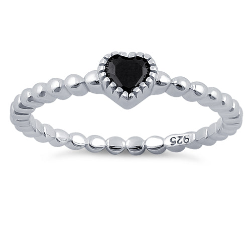 Sterling Silver Beaded Black Heart CZ Ring