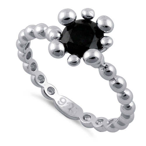 Sterling Silver Beaded  Black Round CZ Ring