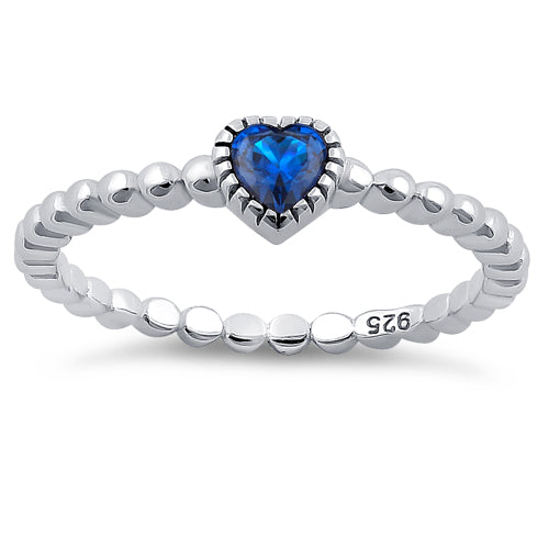 Sterling Silver Beaded Blue Spinel Heart CZ Ring