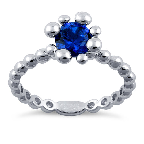 Sterling Silver Beaded Blue Spinel Round CZ Ring
