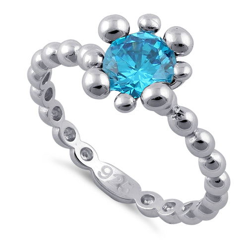 Sterling Silver Beaded Blue Topaz Round CZ Ring