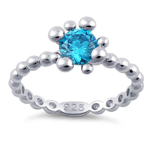 Sterling Silver Beaded Blue Topaz Round CZ Ring