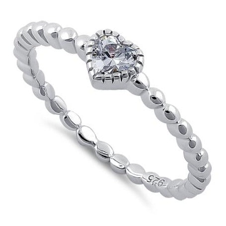 Sterling Silver Beaded Clear Heart CZ Ring